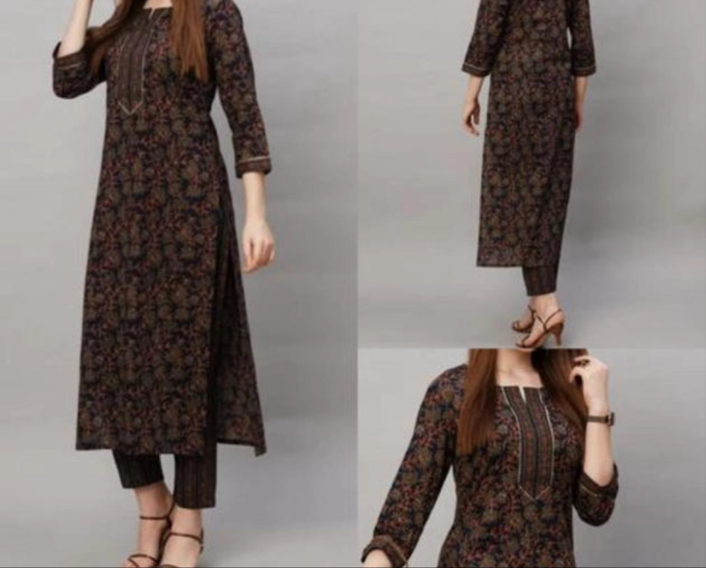 Cotton Blend Printed Kurti with Pant for Women (Multicolor, S)