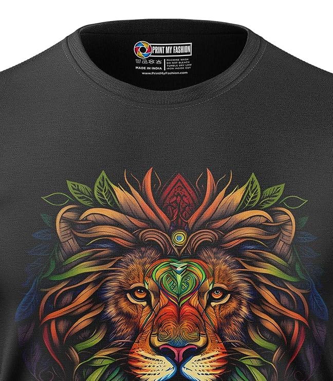 Regular Fit Round Neck Half Sleeves Lion Mandala Graphic Printed Men's T-Shirt (Black, S)