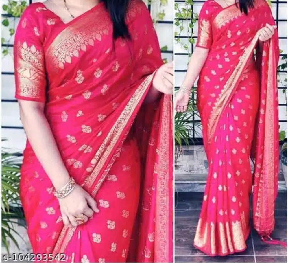 Banarasi Silk Saree With Blouse For Women (Orange, 6.3M)