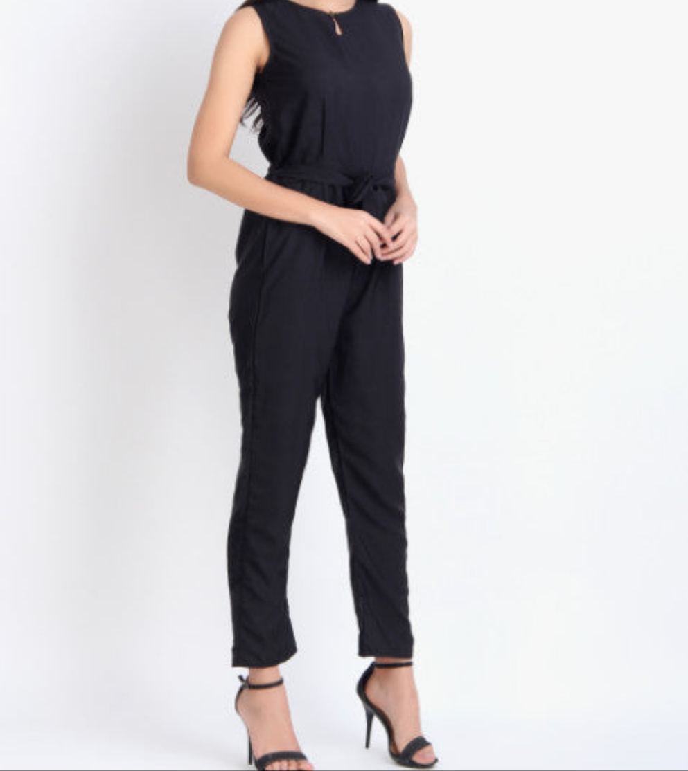 Women Casual Solid Black Sleeveless Full Length Crepe Jumpsuit