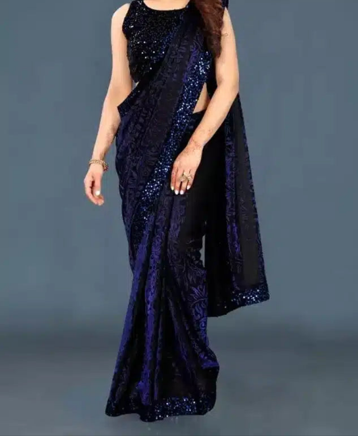 Lycra Sequence Saree for Women (Navy Blue, 6.3 m)