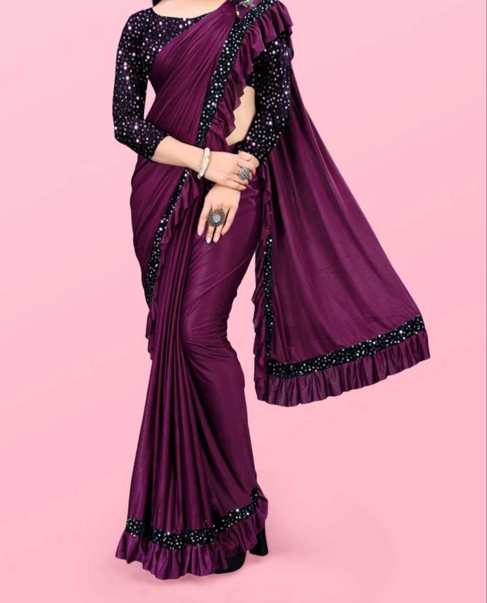 Lycra Blend Solid Saree for Women (Peach, 6.3 m)