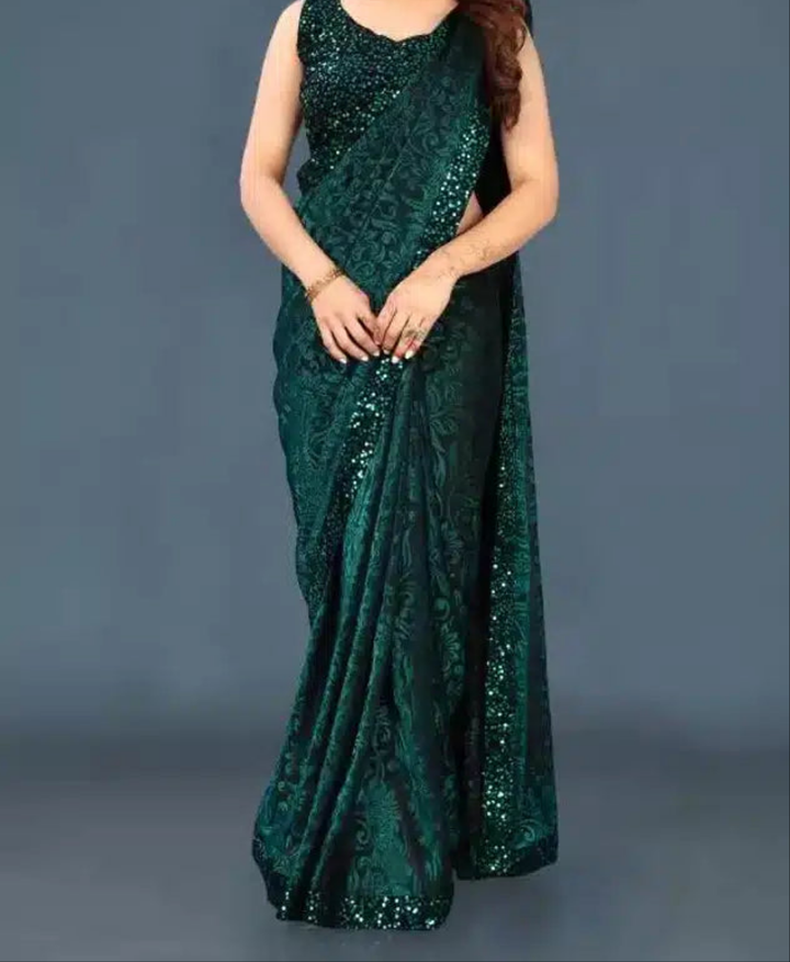 Lycra Sequence Saree for Women (Navy Blue, 6.3 m)