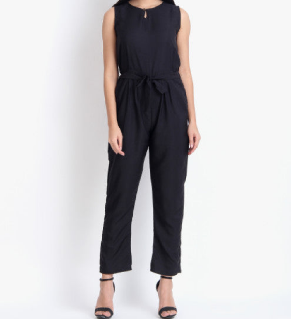Women Casual Solid Black Sleeveless Full Length Crepe Jumpsuit