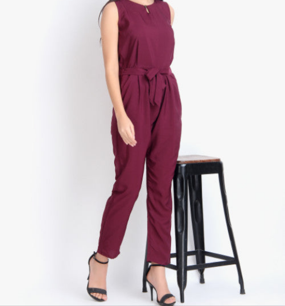 Women Casual Solid Maroon Sleeveless Full Length Crepe Jumpsuit