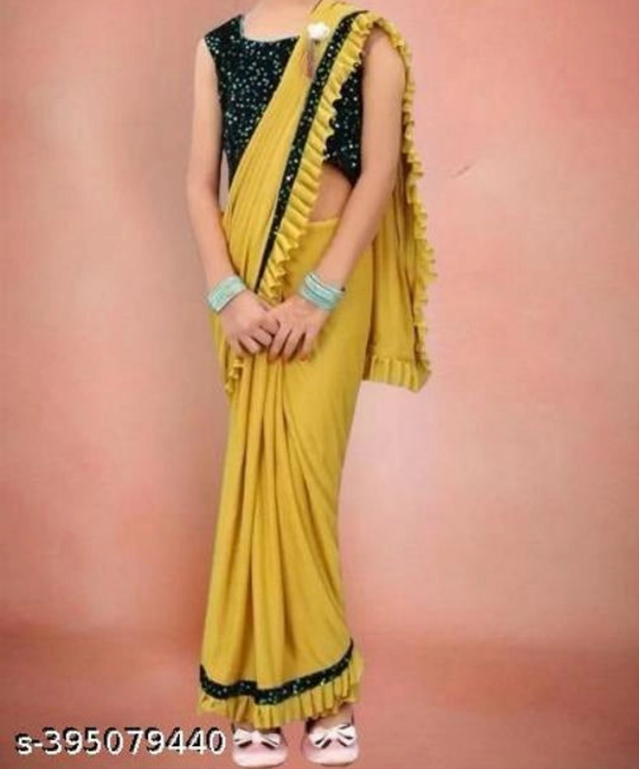 Lycra Solid Saree for Girls (Mustard, 5-6 Years)