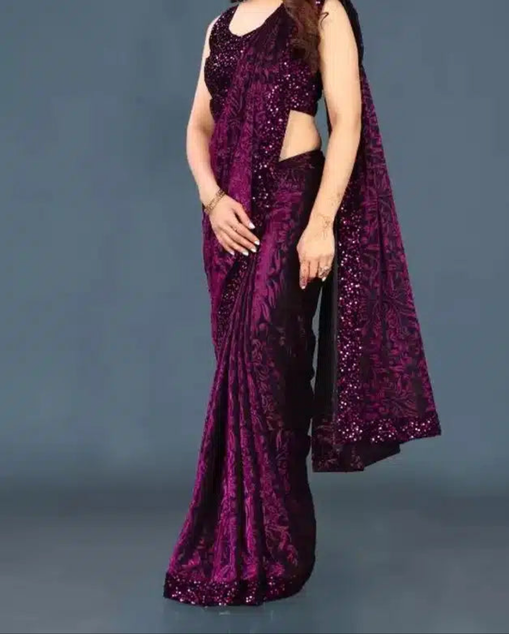 Lycra Sequence Saree for Women (Navy Blue, 6.3 m)