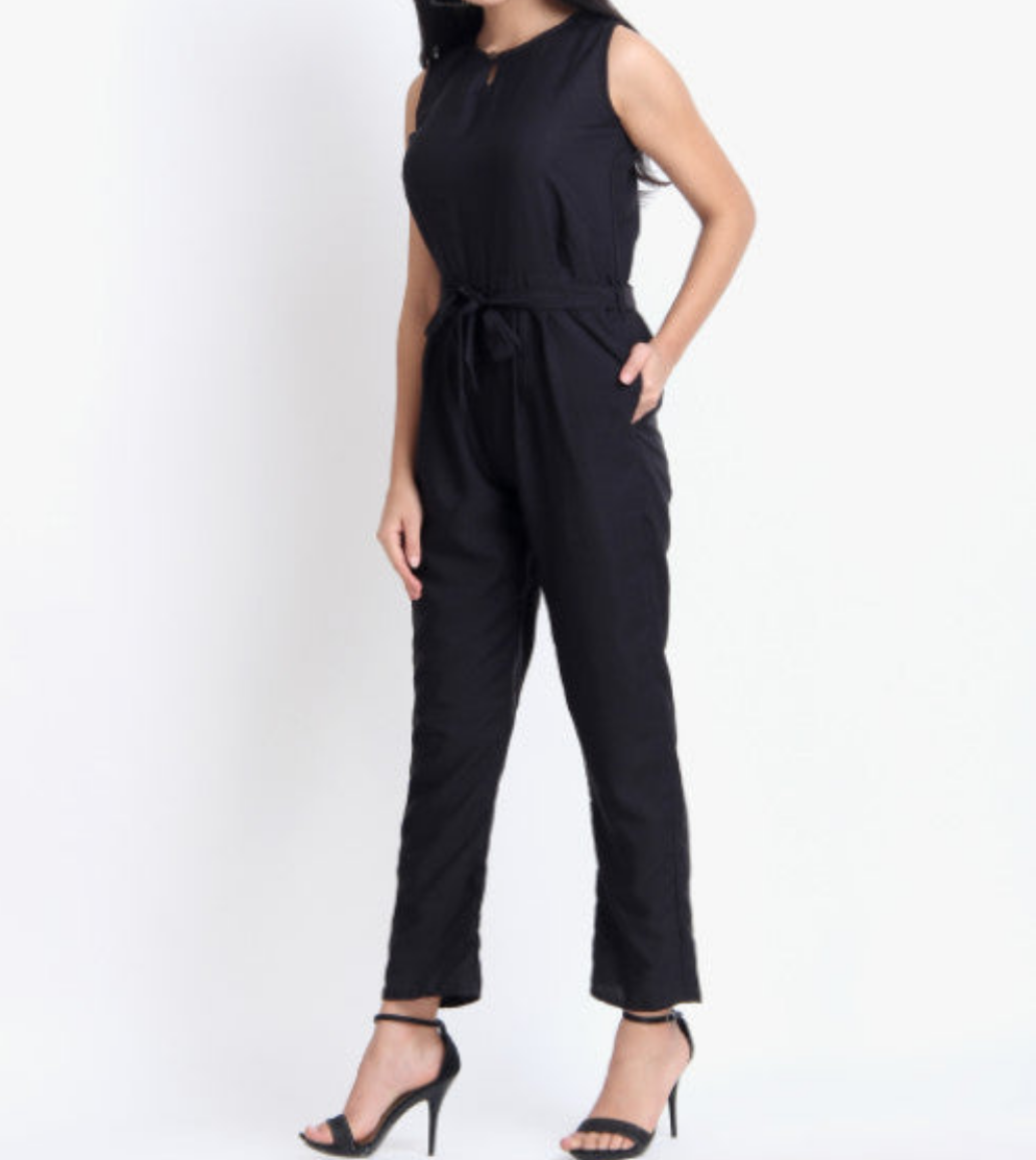 Women Casual Solid Black Sleeveless Full Length Crepe Jumpsuit