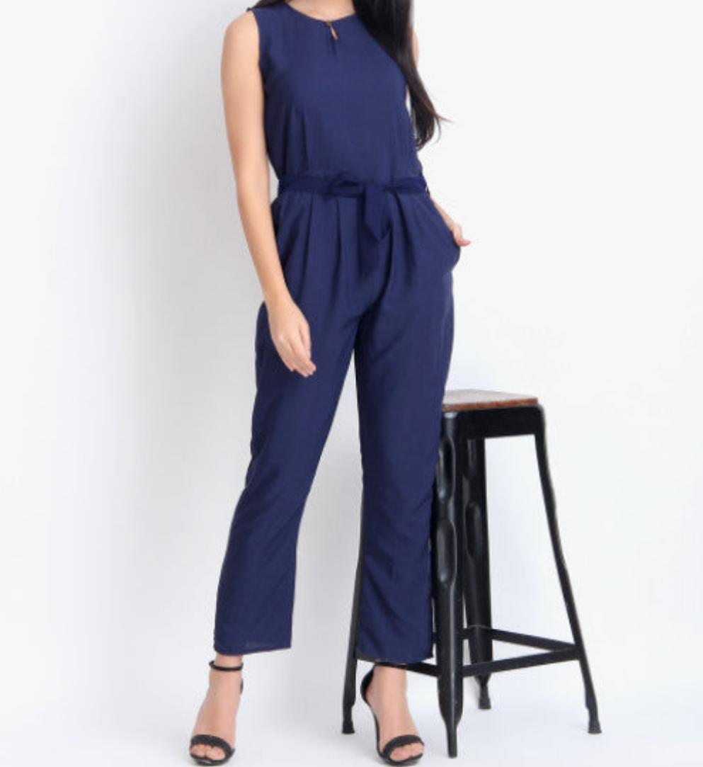 Women Casual Solid Blue Sleeveless Full Length Crepe Jumpsuit
