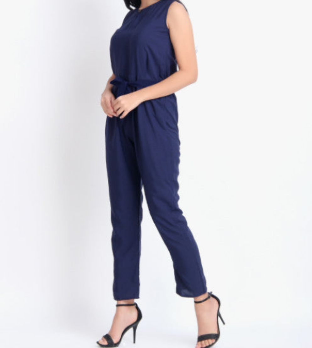 Women Casual Solid Blue Sleeveless Full Length Crepe Jumpsuit