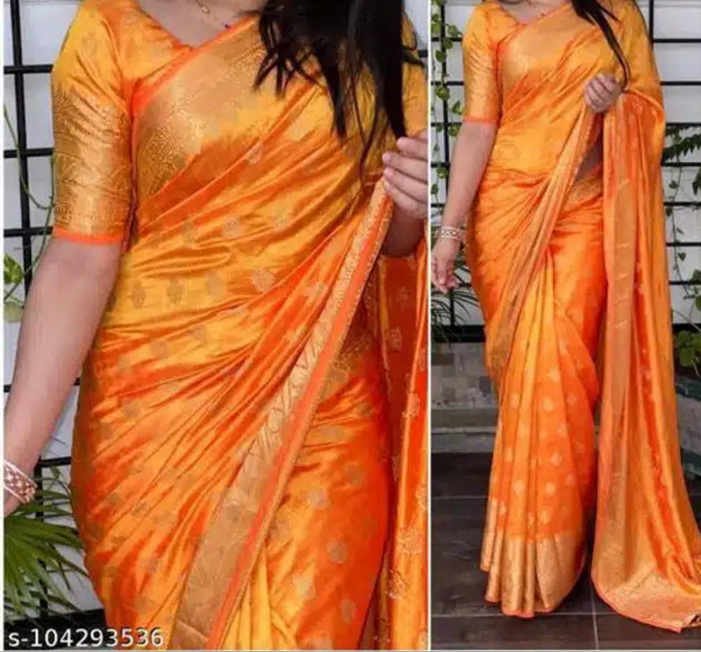 Banarasi Silk Saree With Blouse For Women (Orange, 6.3M)
