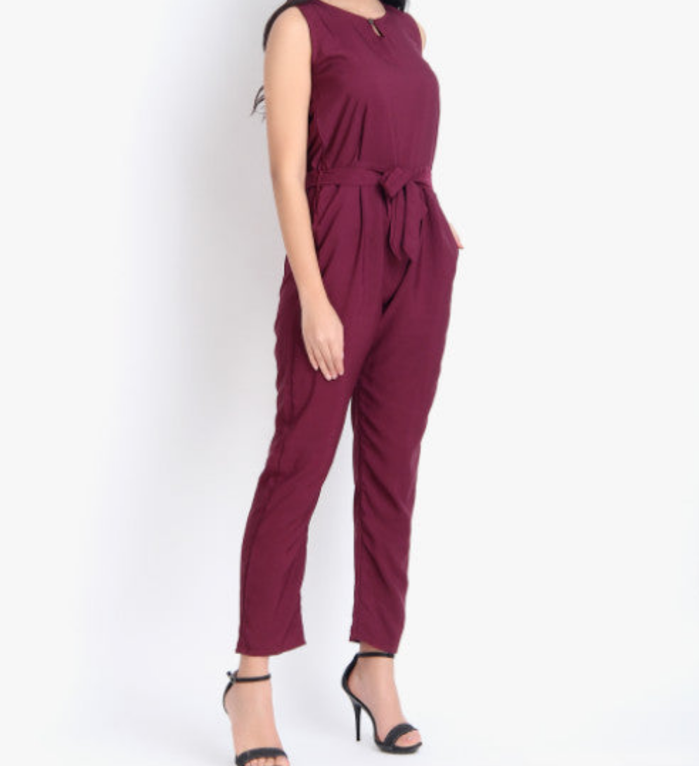 Women Casual Solid Maroon Sleeveless Full Length Crepe Jumpsuit