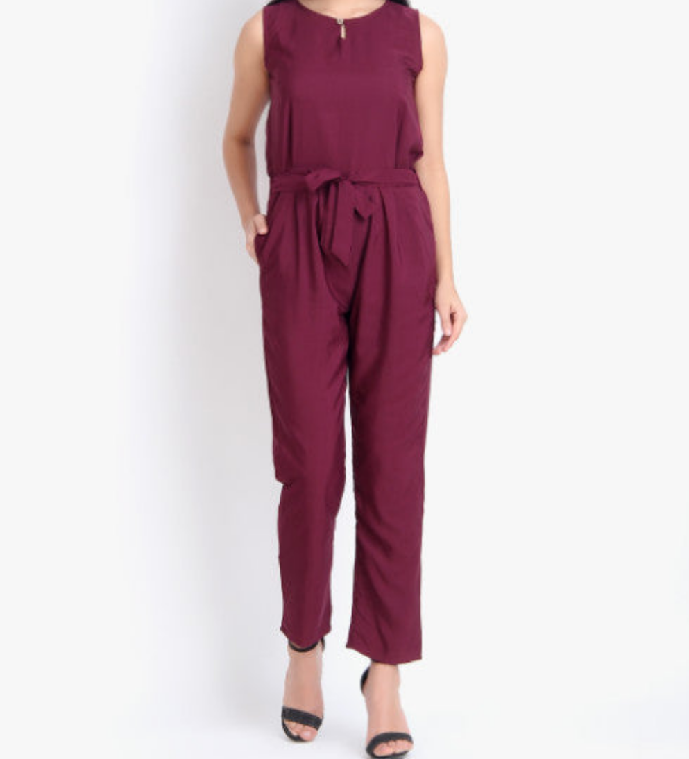 Women Casual Solid Maroon Sleeveless Full Length Crepe Jumpsuit