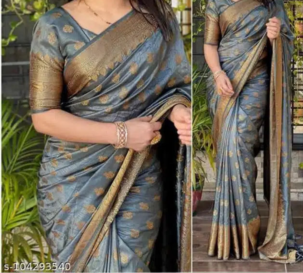 Banarasi Silk Saree With Blouse For Women (Orange, 6.3M)