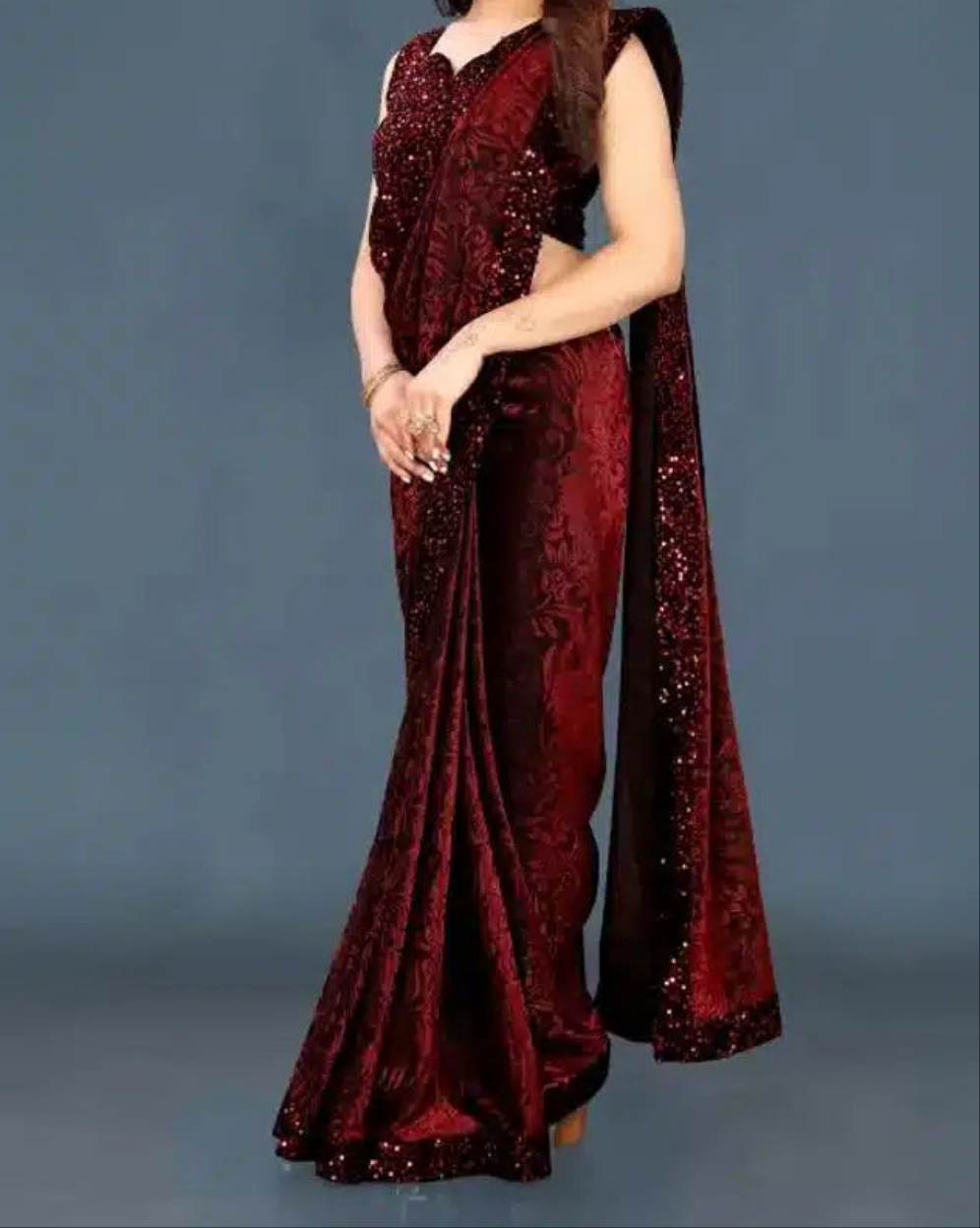 Lycra Sequence Saree for Women (Navy Blue, 6.3 m)