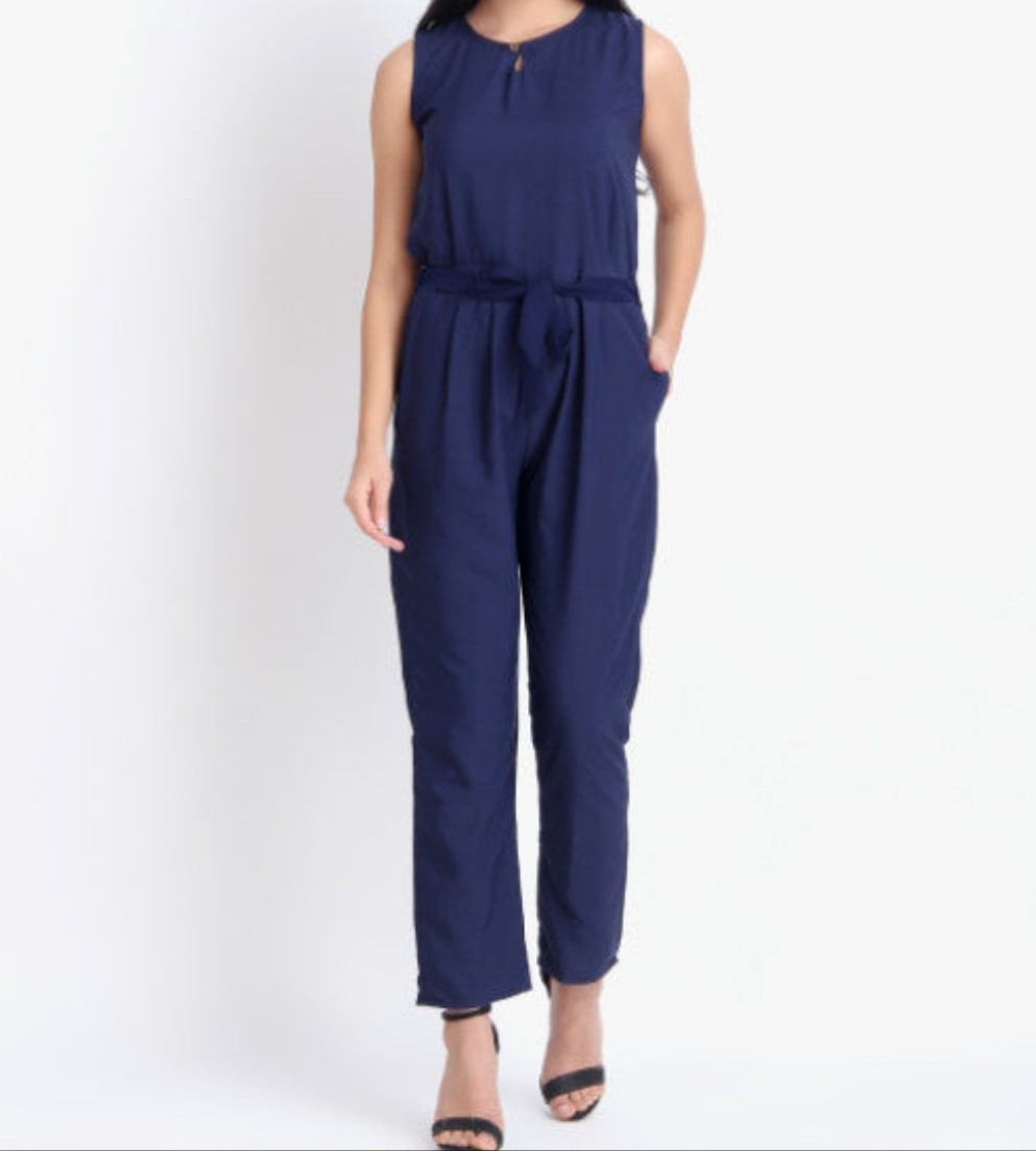 Women Casual Solid Blue Sleeveless Full Length Crepe Jumpsuit
