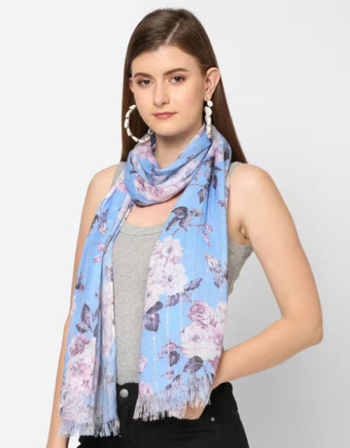 Blue sequins floral printed scarf