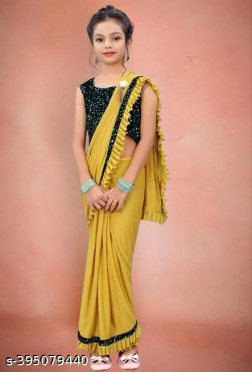 Lycra Solid Saree for Girls (Mustard, 5-6 Years)