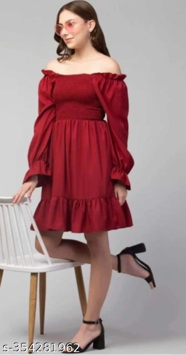 Poly Crepe Dress for Women (Maroon, S)