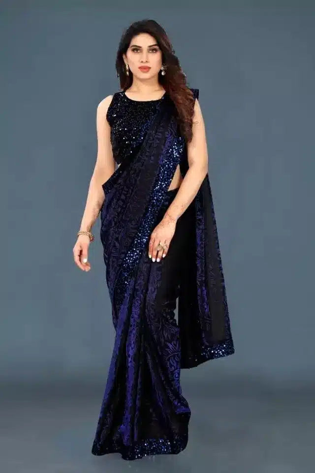 Lycra Sequence Saree for Women (Navy Blue, 6.3 m)