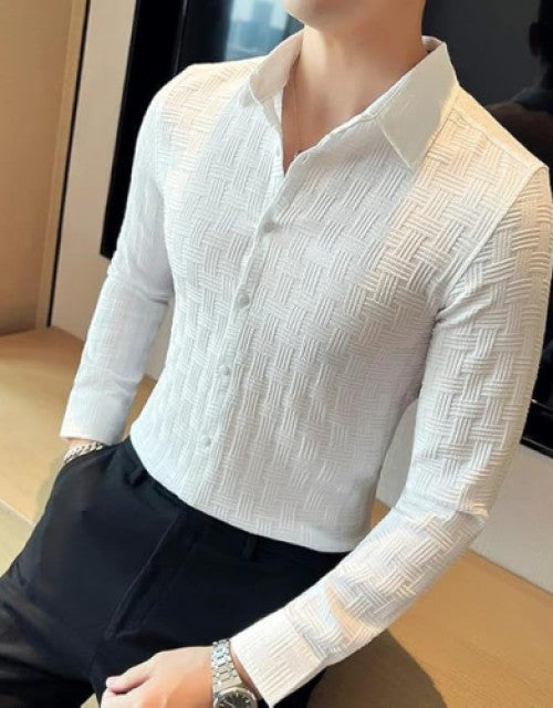 Men Regular Fit Self Design Popcorn Fabric Spread Collar Casual Shirt