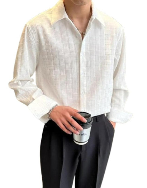 Men Regular Fit Self Design Popcorn Fabric Spread Collar Casual Shirt