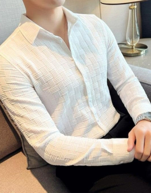 Men Regular Fit Self Design Popcorn Fabric Spread Collar Casual Shirt