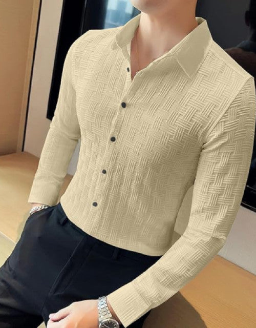 Men Regular Fit Self Design Popcorn Fabric Spread Collar Casual Shirt