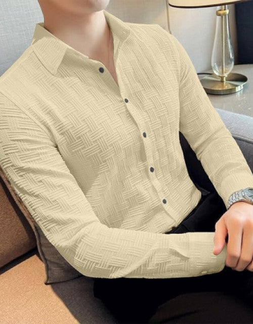 Men Regular Fit Self Design Popcorn Fabric Spread Collar Casual Shirt