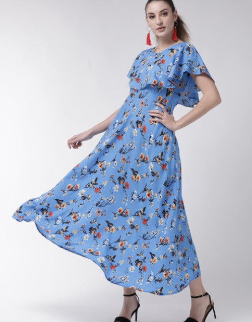 Women Blue Cape Sleeve Maxi Dress