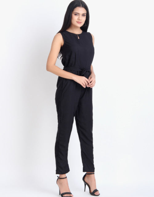 Women Casual Solid Black Sleeveless Full Length Crepe Jumpsuit