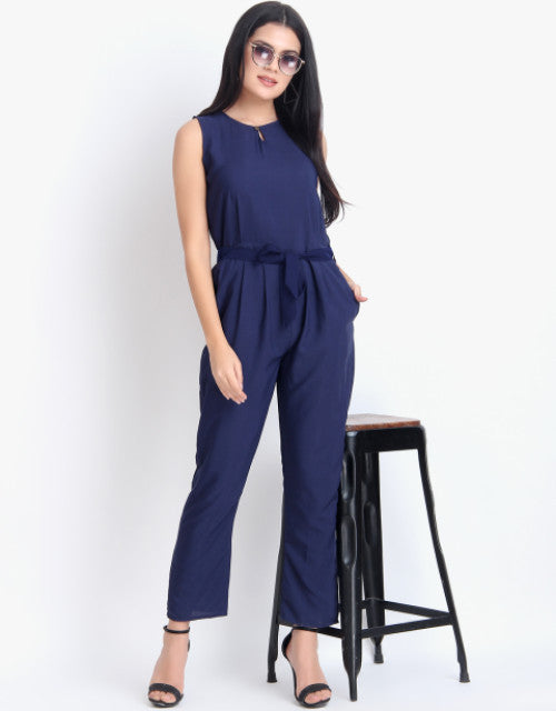 Women Casual Solid Blue Sleeveless Full Length Crepe Jumpsuit