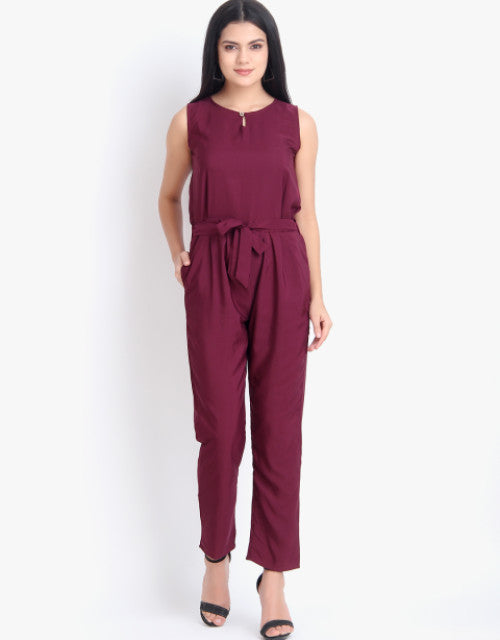 Women Casual Solid Maroon Sleeveless Full Length Crepe Jumpsuit