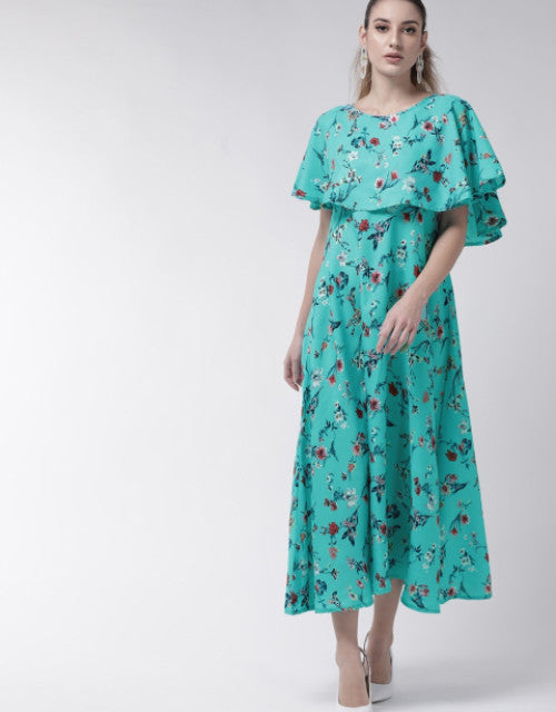 Women Turquoise Cape Sleeve Maxi Dress